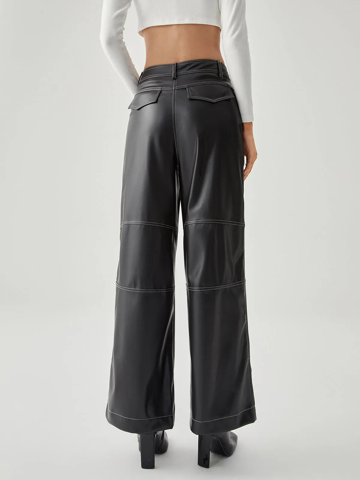 Contrast Stitch Leather Trendy Wide Leg Pants