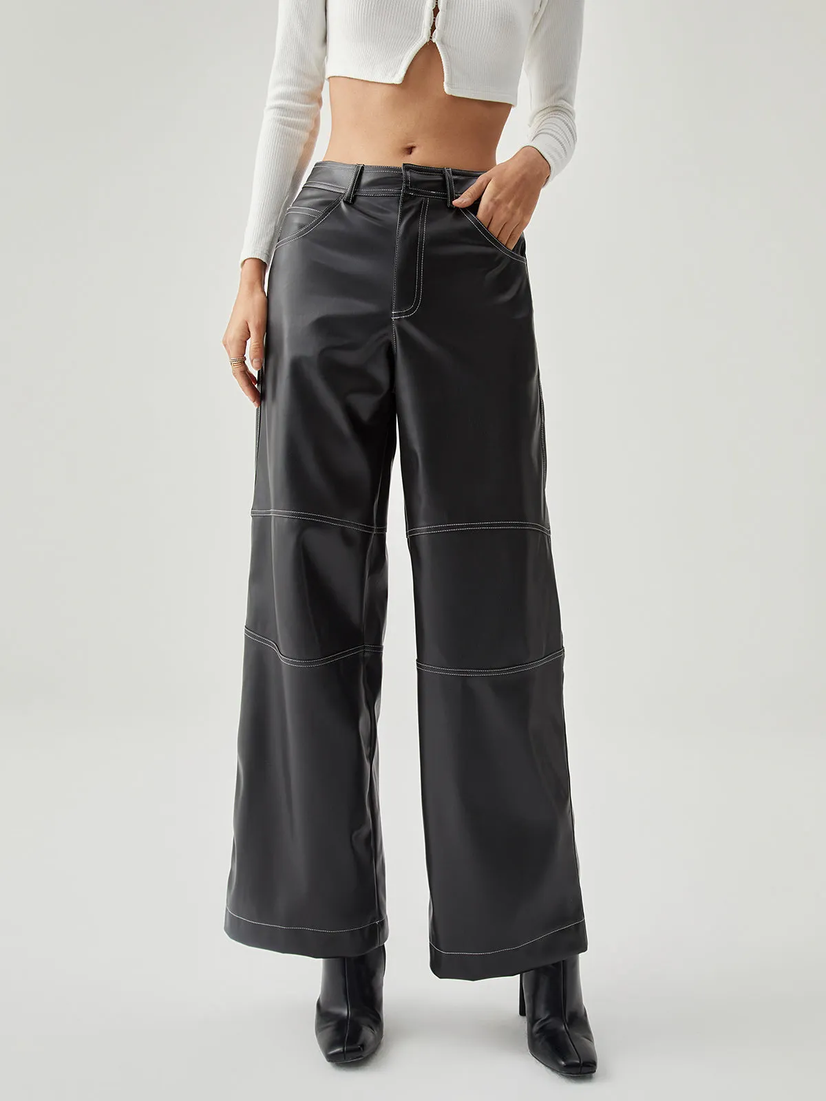 Contrast Stitch Leather Trendy Wide Leg Pants