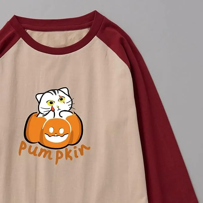 CORIRESHA Funny Cats Pumpkin T-Shirt 3/4 Raglan Sleeves Unisex Halloween Costume