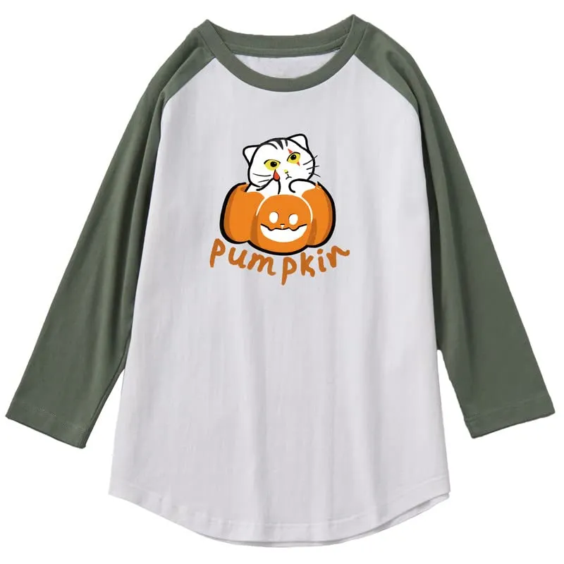 CORIRESHA Funny Cats Pumpkin T-Shirt 3/4 Raglan Sleeves Unisex Halloween Costume