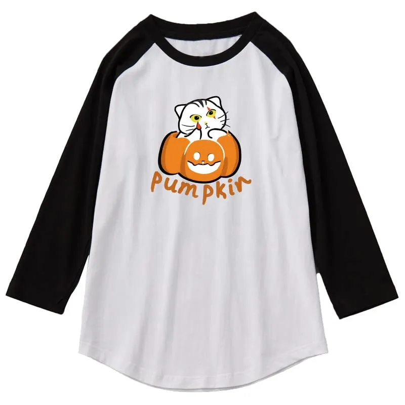 CORIRESHA Funny Cats Pumpkin T-Shirt 3/4 Raglan Sleeves Unisex Halloween Costume