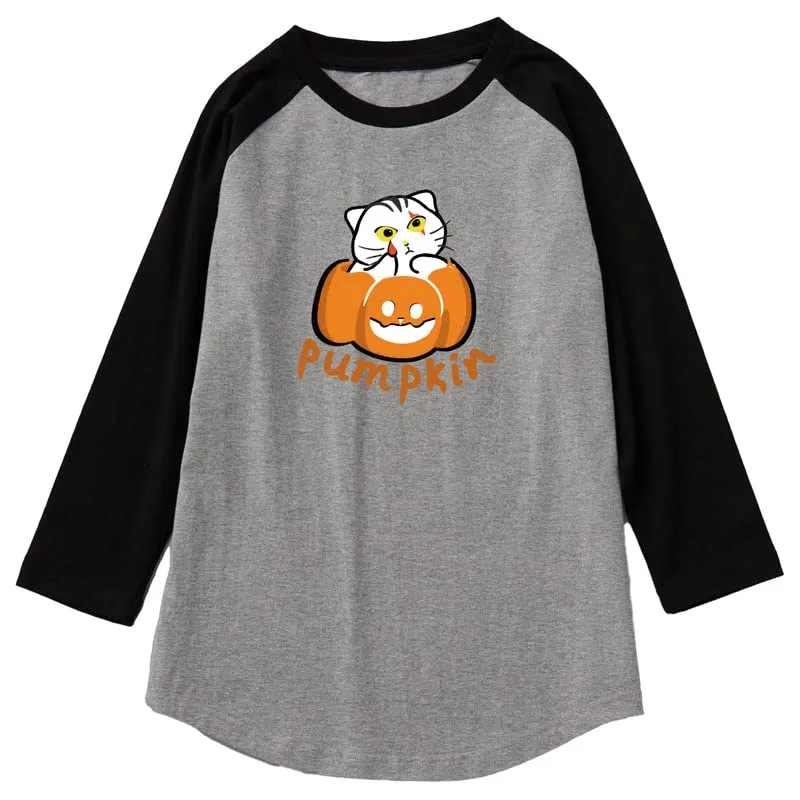 CORIRESHA Funny Cats Pumpkin T-Shirt 3/4 Raglan Sleeves Unisex Halloween Costume