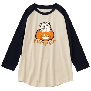 CORIRESHA Funny Cats Pumpkin T-Shirt 3/4 Raglan Sleeves Unisex Halloween Costume