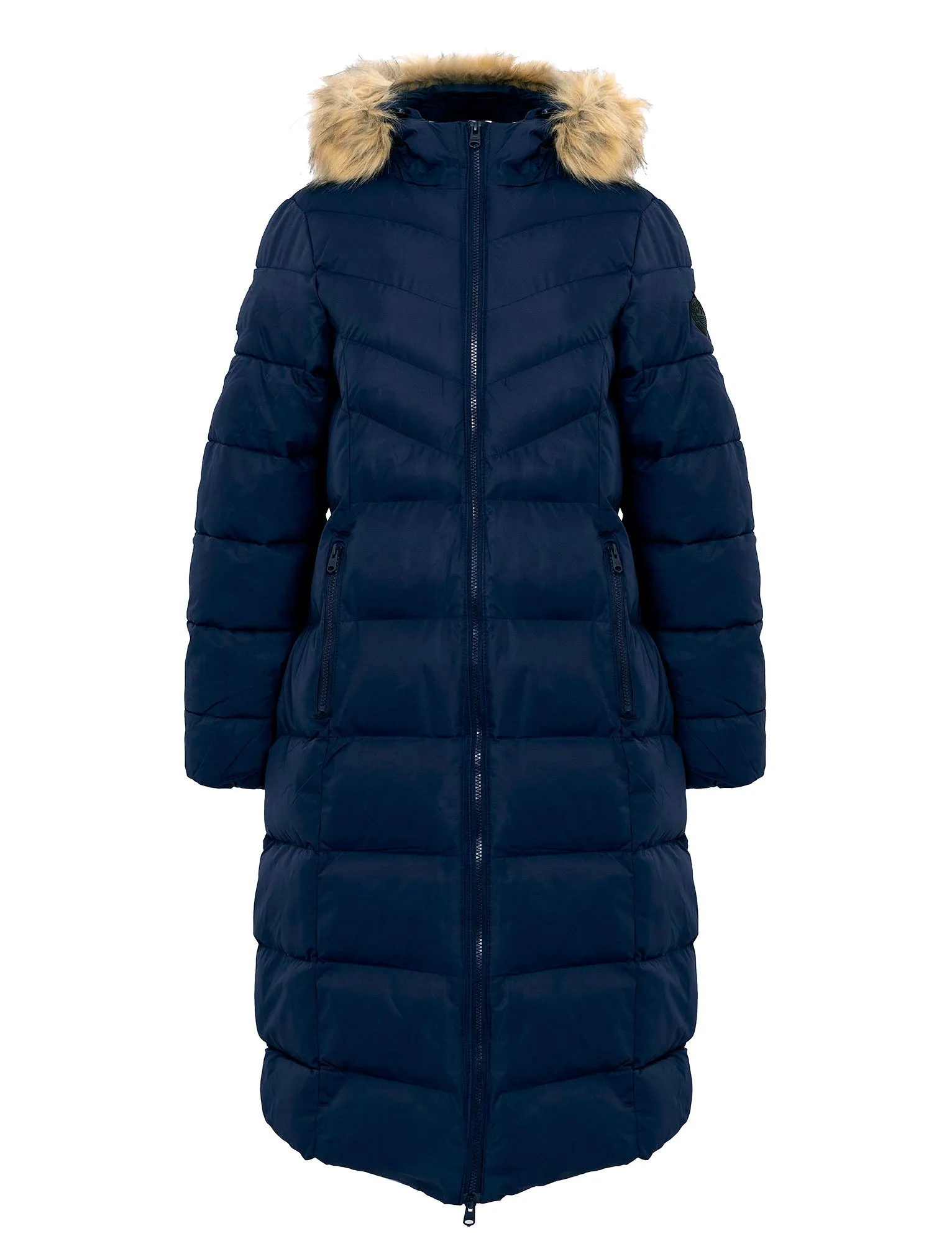 Crosage Longline Quilted Hooded Puffer Coat with Detachable Faux Fur Trim In Peacoat Navy - Tokyo Laundry