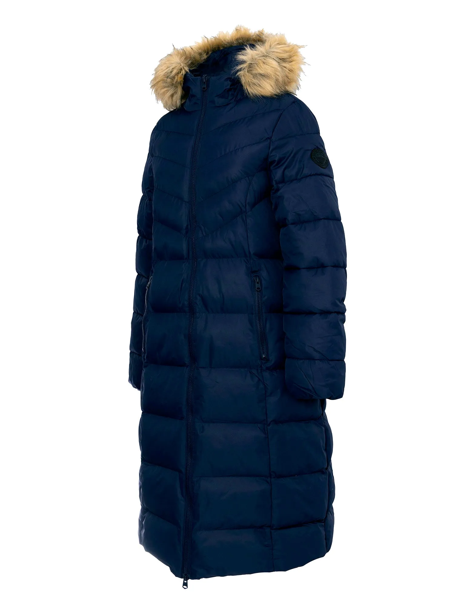 Crosage Longline Quilted Hooded Puffer Coat with Detachable Faux Fur Trim In Peacoat Navy - Tokyo Laundry