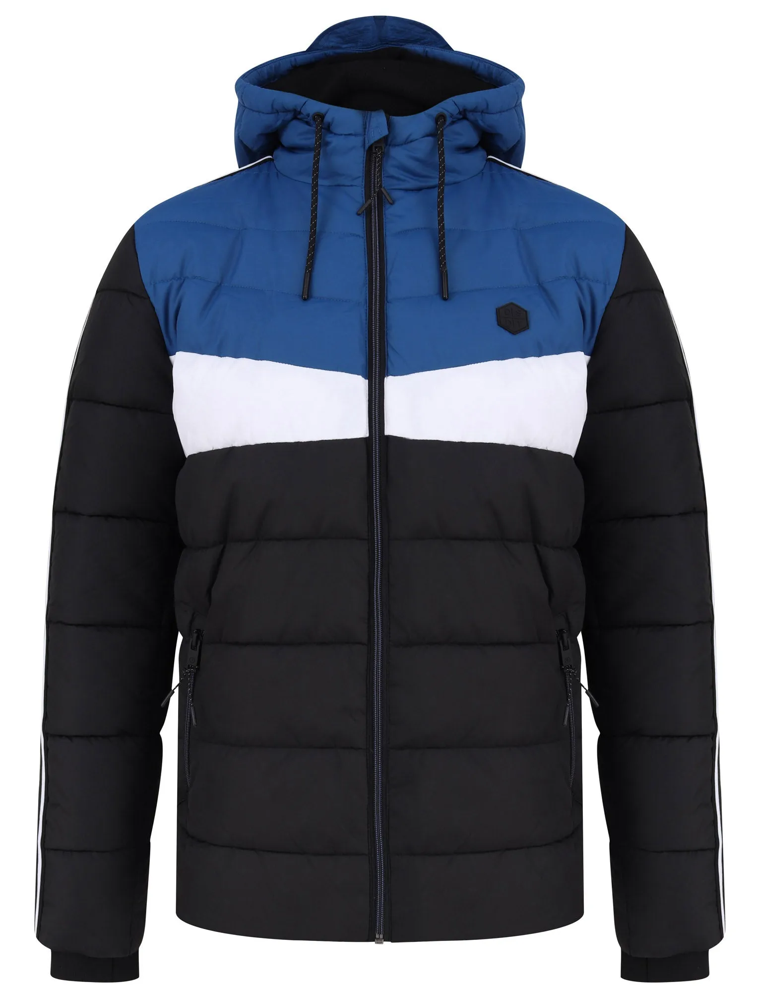 Delmon Hooded Puffer Jacket with Racer Stripe Sleeves In Monaco Blue - Dissident