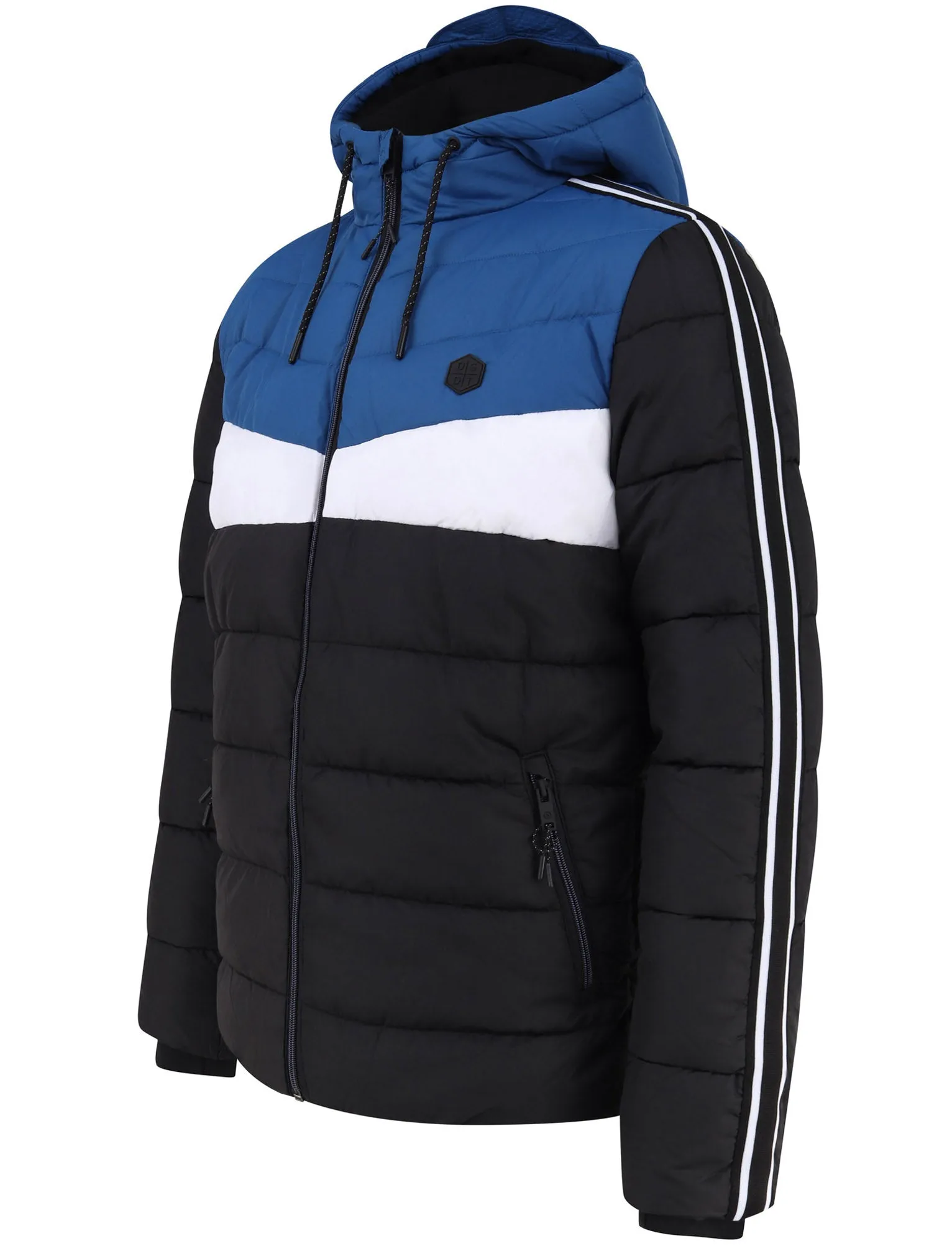 Delmon Hooded Puffer Jacket with Racer Stripe Sleeves In Monaco Blue - Dissident