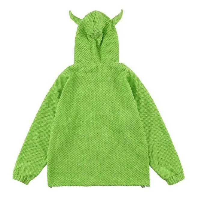 Devil Horn Hooded Popcorn Texture Flannel Jacket: Ideal for the stylish devil