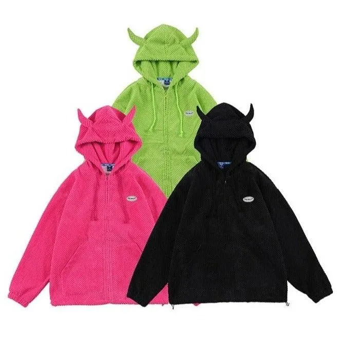 Devil Horn Hooded Popcorn Texture Flannel Jacket: Ideal for the stylish devil