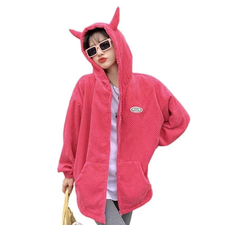 Devil Horn Hooded Popcorn Texture Flannel Jacket: Ideal for the stylish devil