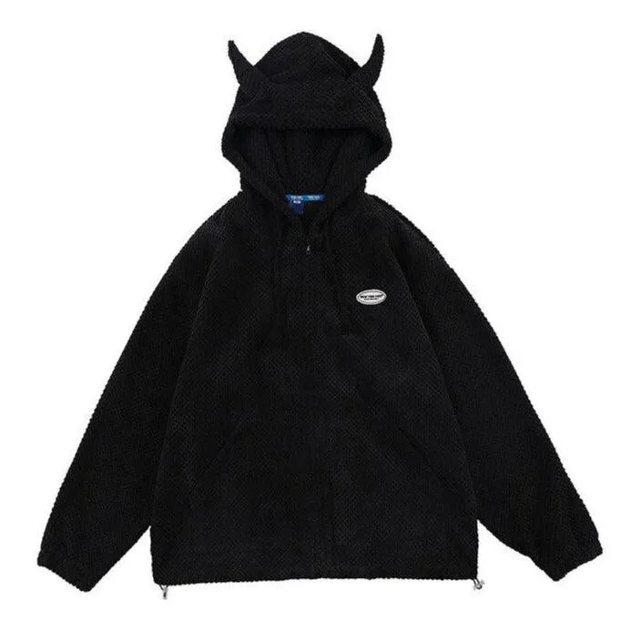 Devil Horn Hooded Popcorn Texture Flannel Jacket: Ideal for the stylish devil