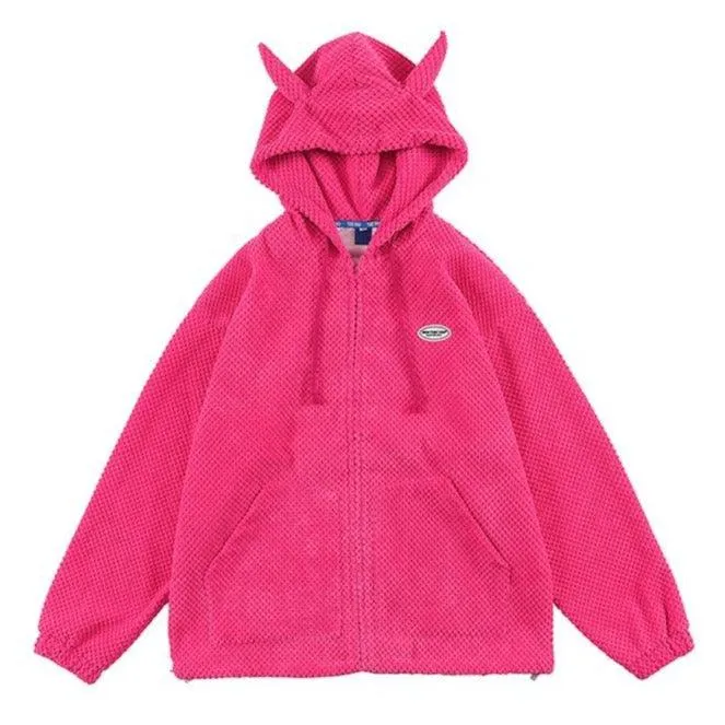 Devil Horn Hooded Popcorn Texture Flannel Jacket: Ideal for the stylish devil