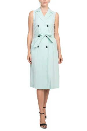 Ellen Tracy Notched Collar Tie Waist Solid Trench Linen Dress