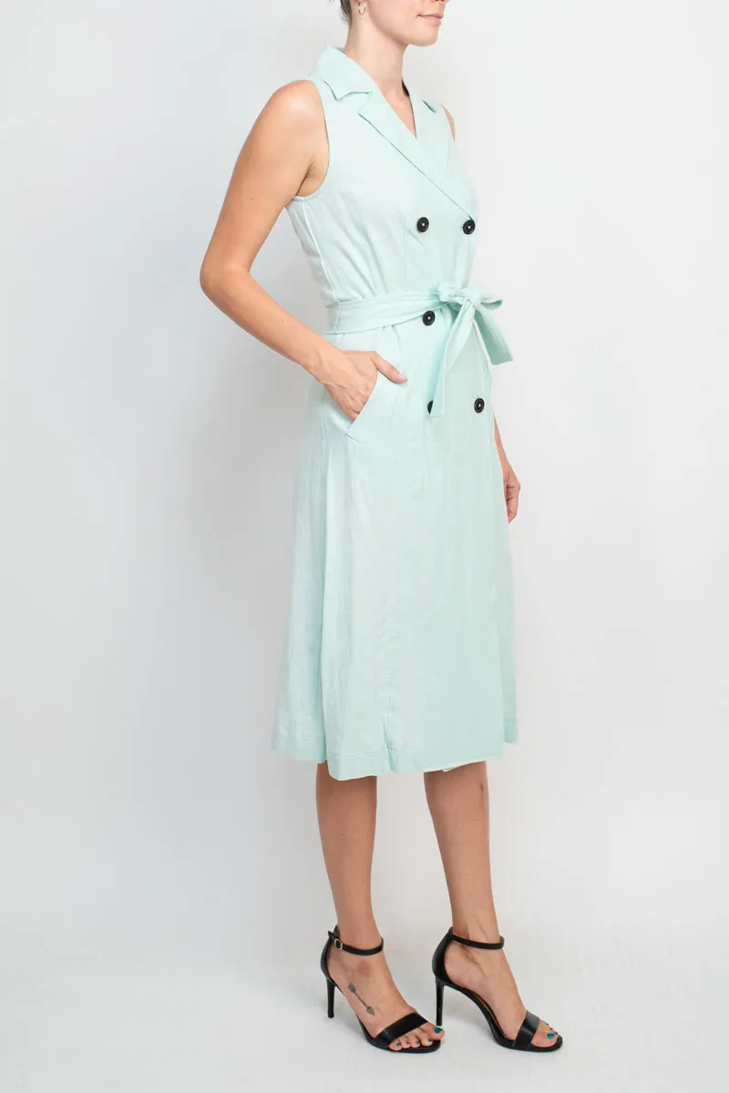 Ellen Tracy Notched Collar Tie Waist Solid Trench Linen Dress