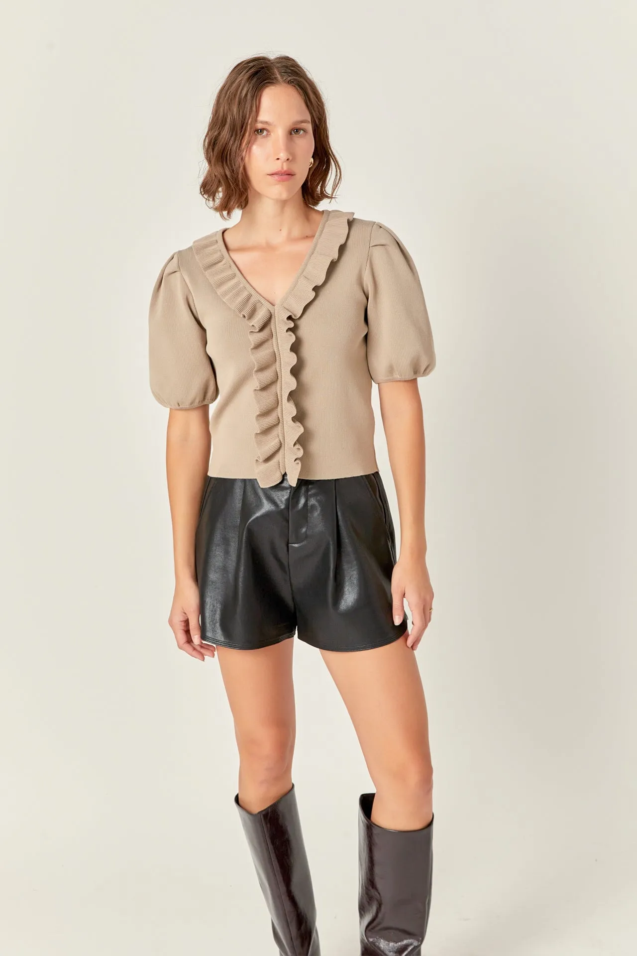 English Factory - Ruffled Puff Sleeve Knit Top