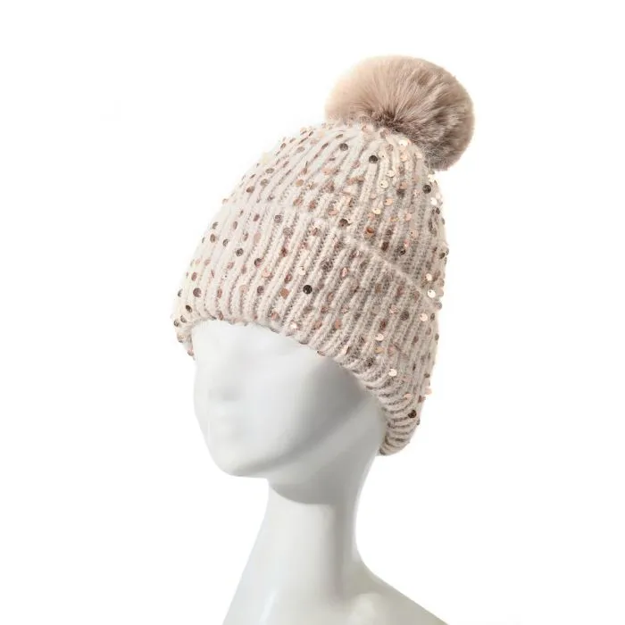 Faux Fur Pop Pom Hat With Sequins - Beige