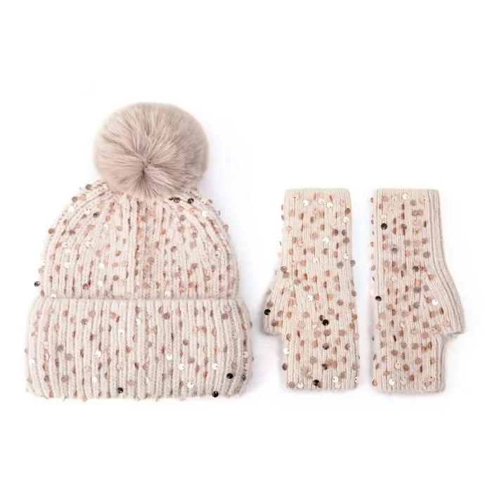 Faux Fur Pop Pom Hat With Sequins - Beige