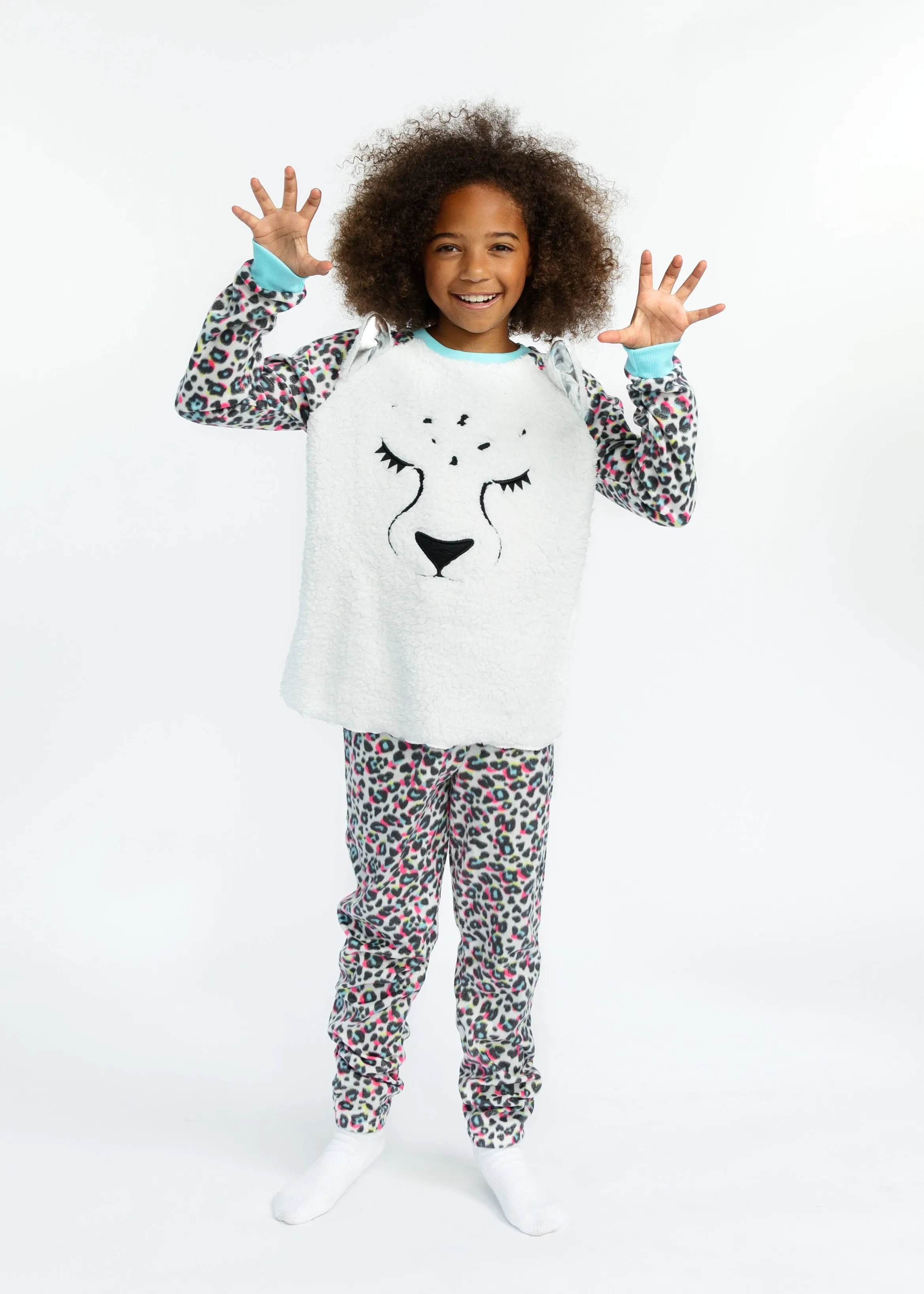 Girls Fuzzy Leopard Soft Novelty Fleece 2-Piece Pajama Sleep Pant Set