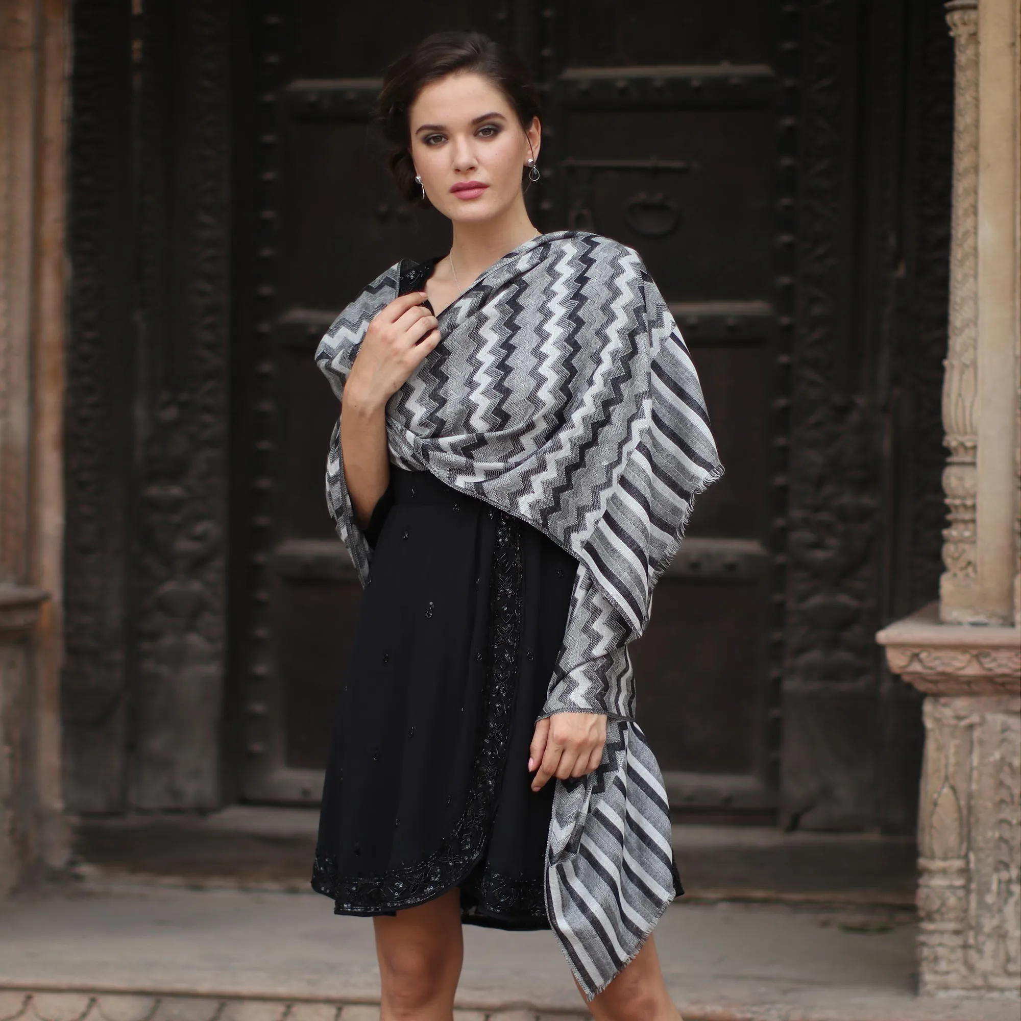 Hand Woven Wool Shawl from India in Grey, Black, and White - Grey Delight | NOVICA