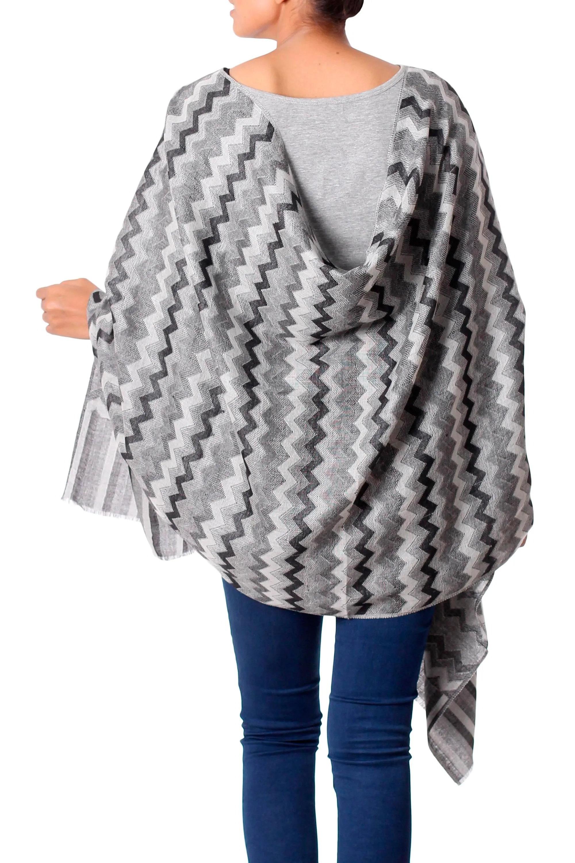 Hand Woven Wool Shawl from India in Grey, Black, and White - Grey Delight | NOVICA