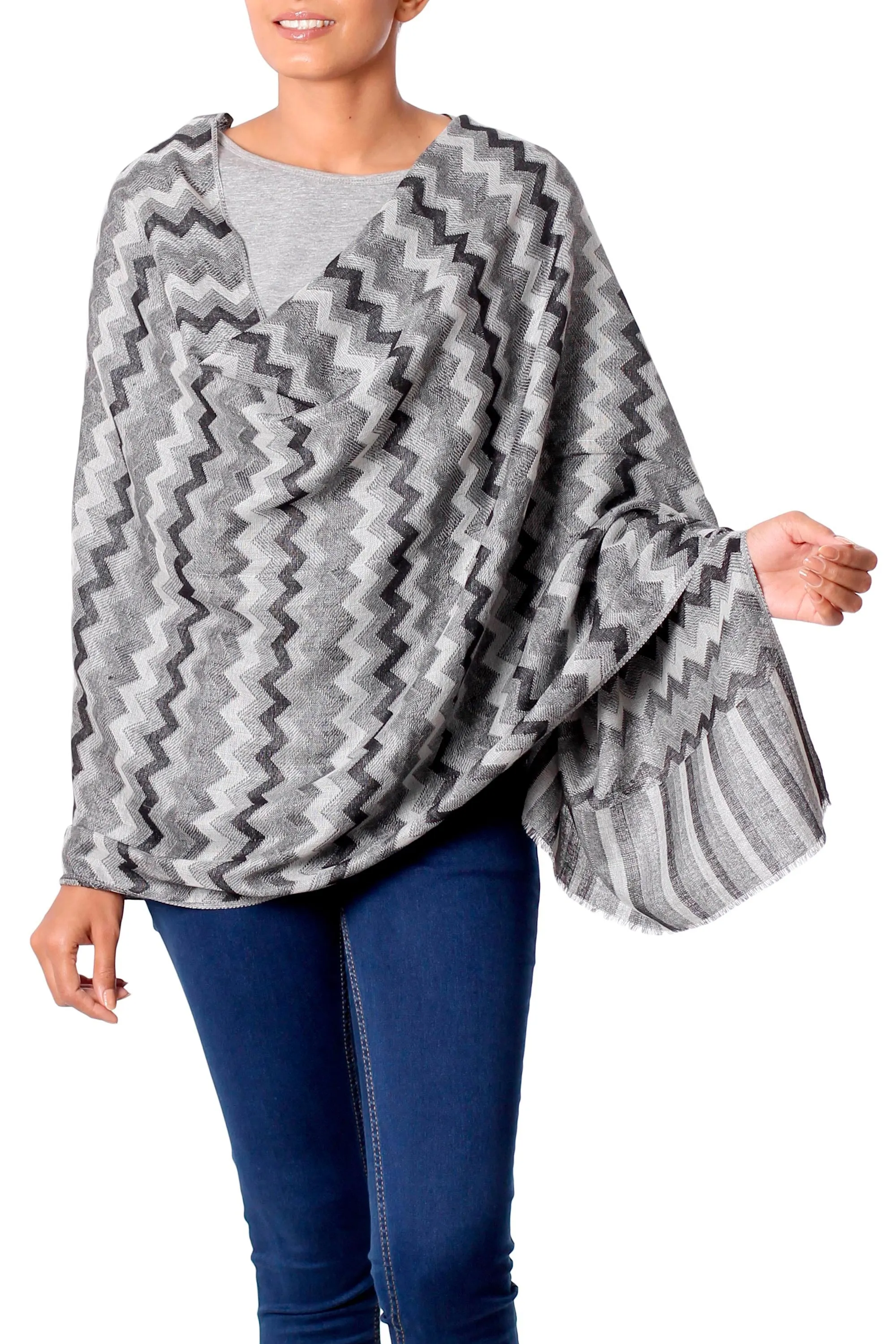 Hand Woven Wool Shawl from India in Grey, Black, and White - Grey Delight | NOVICA