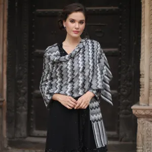 Hand Woven Wool Shawl from India in Grey, Black, and White - Grey Delight | NOVICA