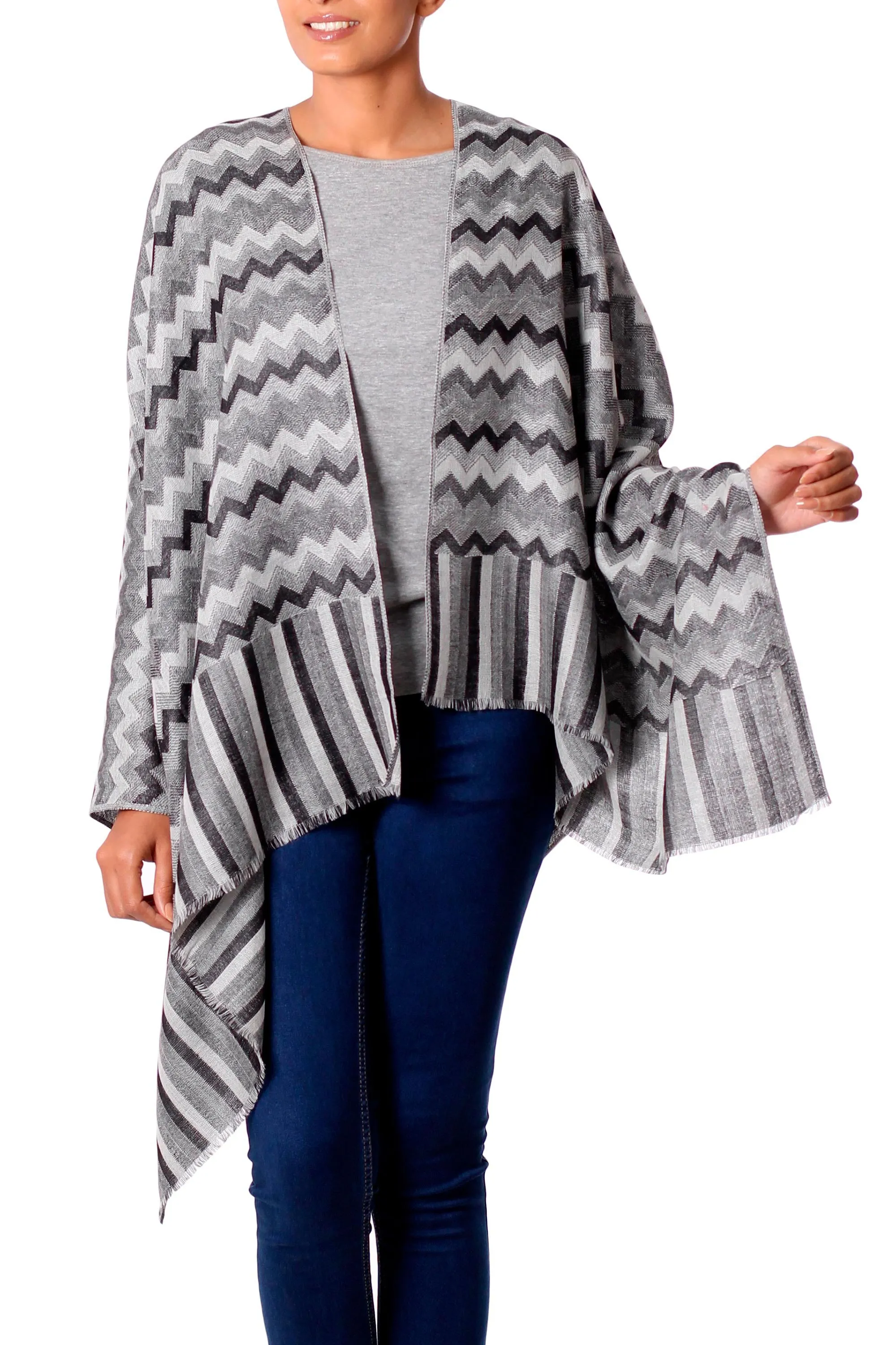 Hand Woven Wool Shawl from India in Grey, Black, and White - Grey Delight | NOVICA