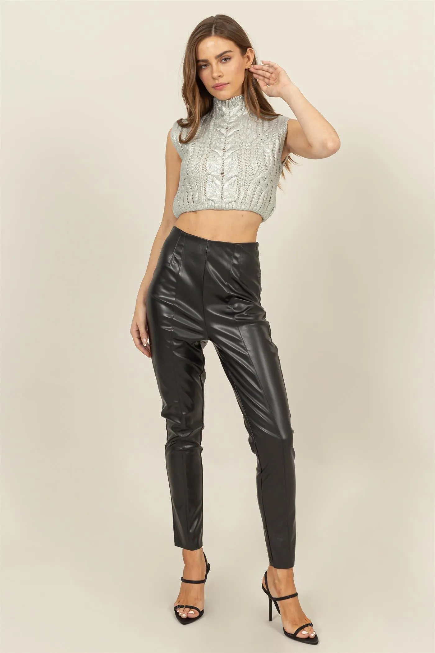 HF24F893-FAUX LEATHER HIGH-WAIST SKINNY PANTS