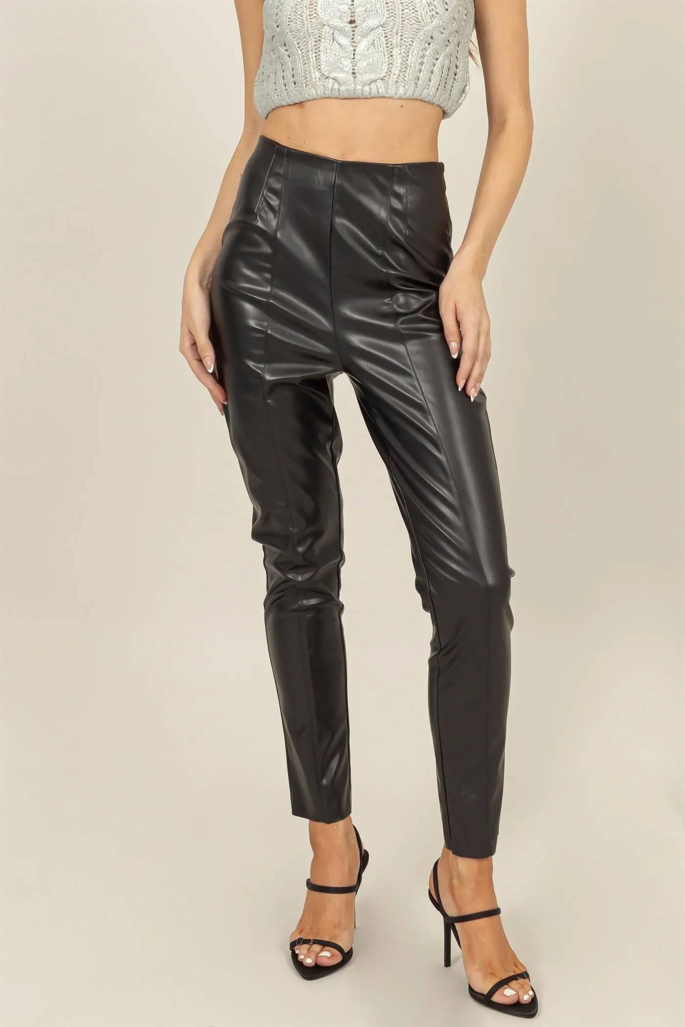 HF24F893-FAUX LEATHER HIGH-WAIST SKINNY PANTS