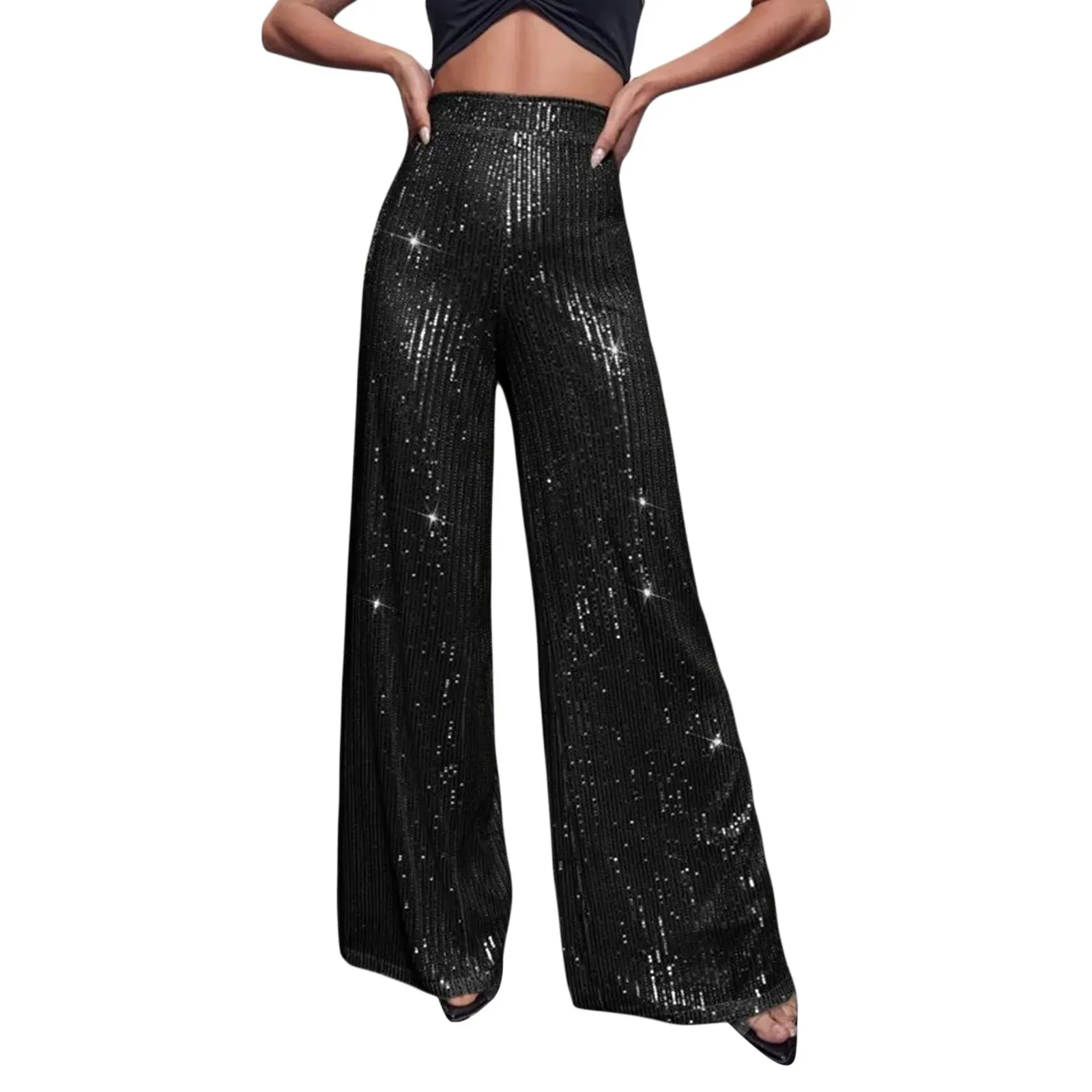 High Waist Sequin Flare Sparkly Bell-Bottom Trousers