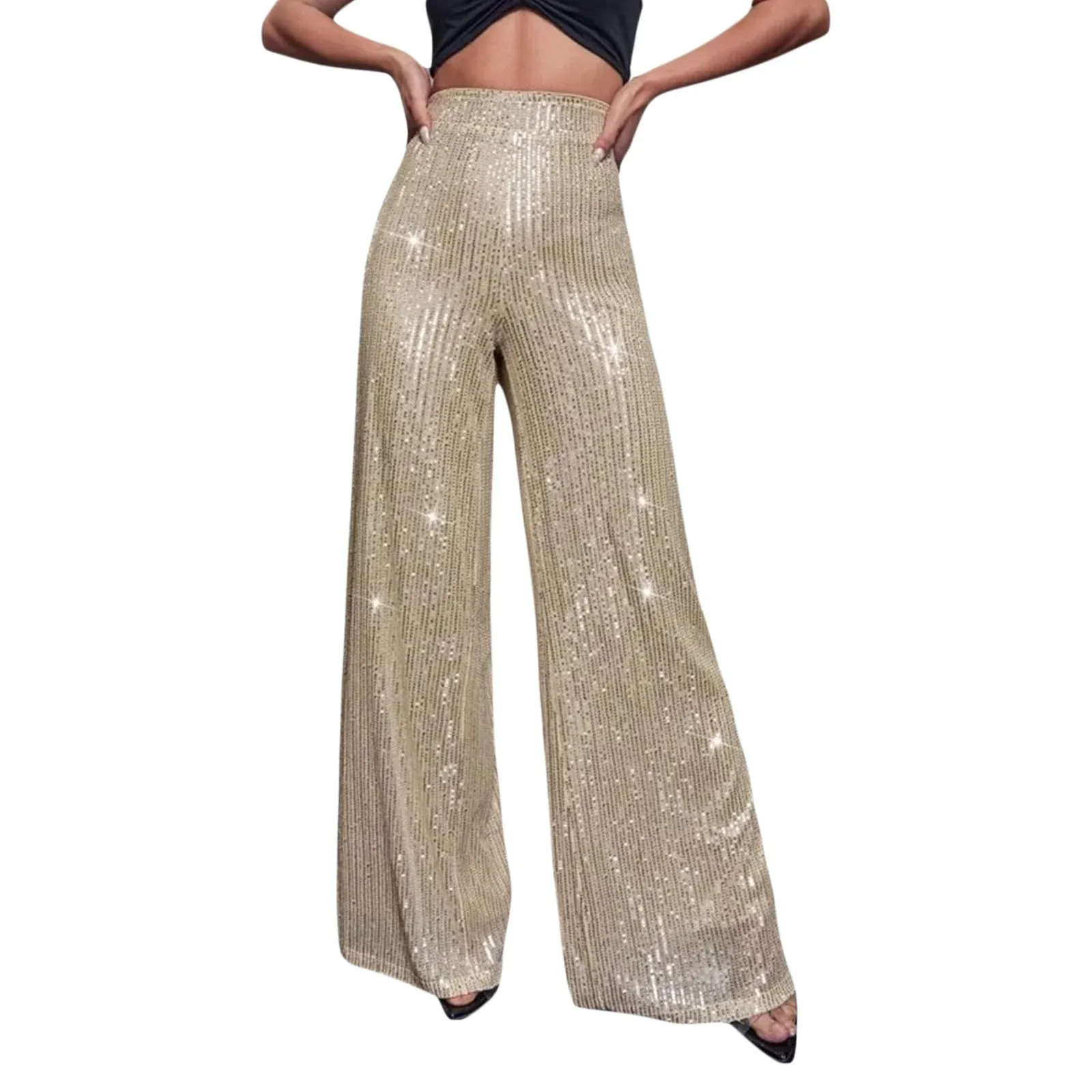 High Waist Sequin Flare Sparkly Bell-Bottom Trousers