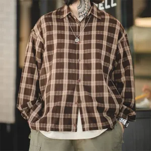 Japanese Retro Curry Color Plaid Shirt - Men's 100% Cotton Buffalo Check Button Down