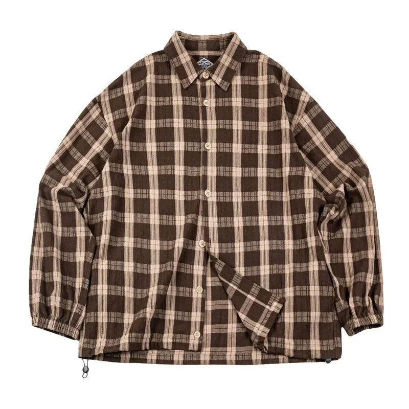 Japanese Retro Curry Color Plaid Shirt - Men's 100% Cotton Buffalo Check Button Down