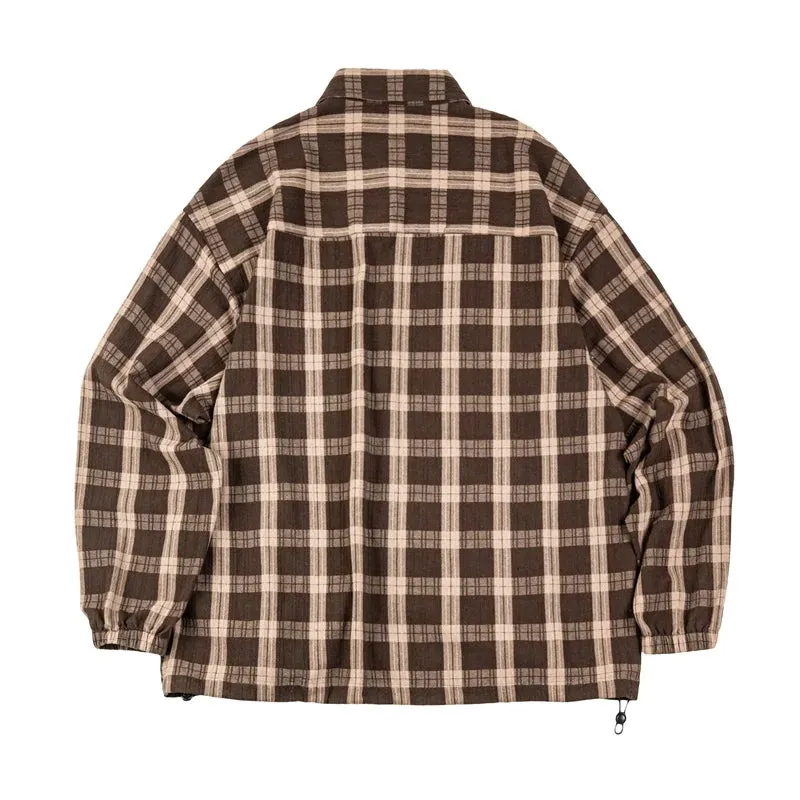 Japanese Retro Curry Color Plaid Shirt - Men's 100% Cotton Buffalo Check Button Down