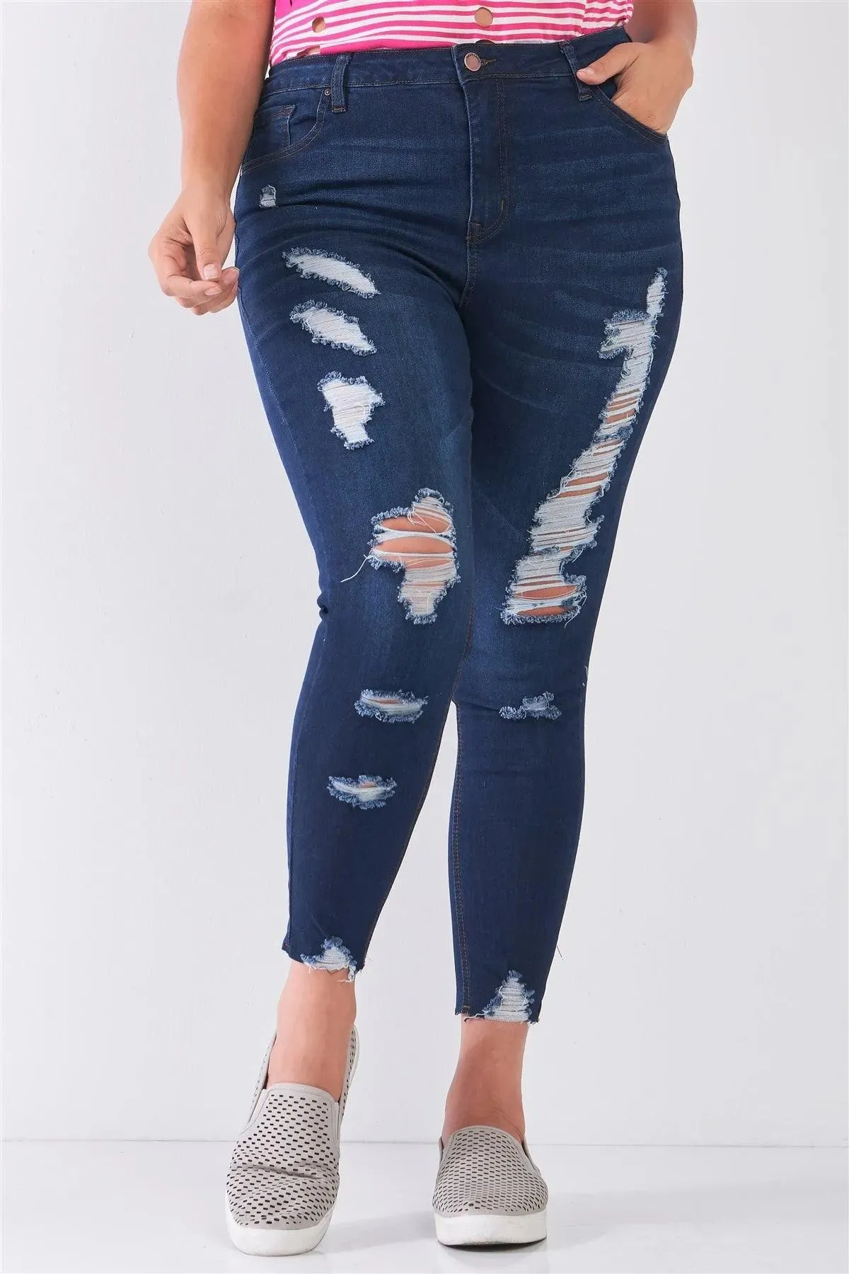 Junior Plus Size Dark Blue Denim Mid-Rise Raw Hem Detail Ripped Skinny Jean Pants /1-2-2-1