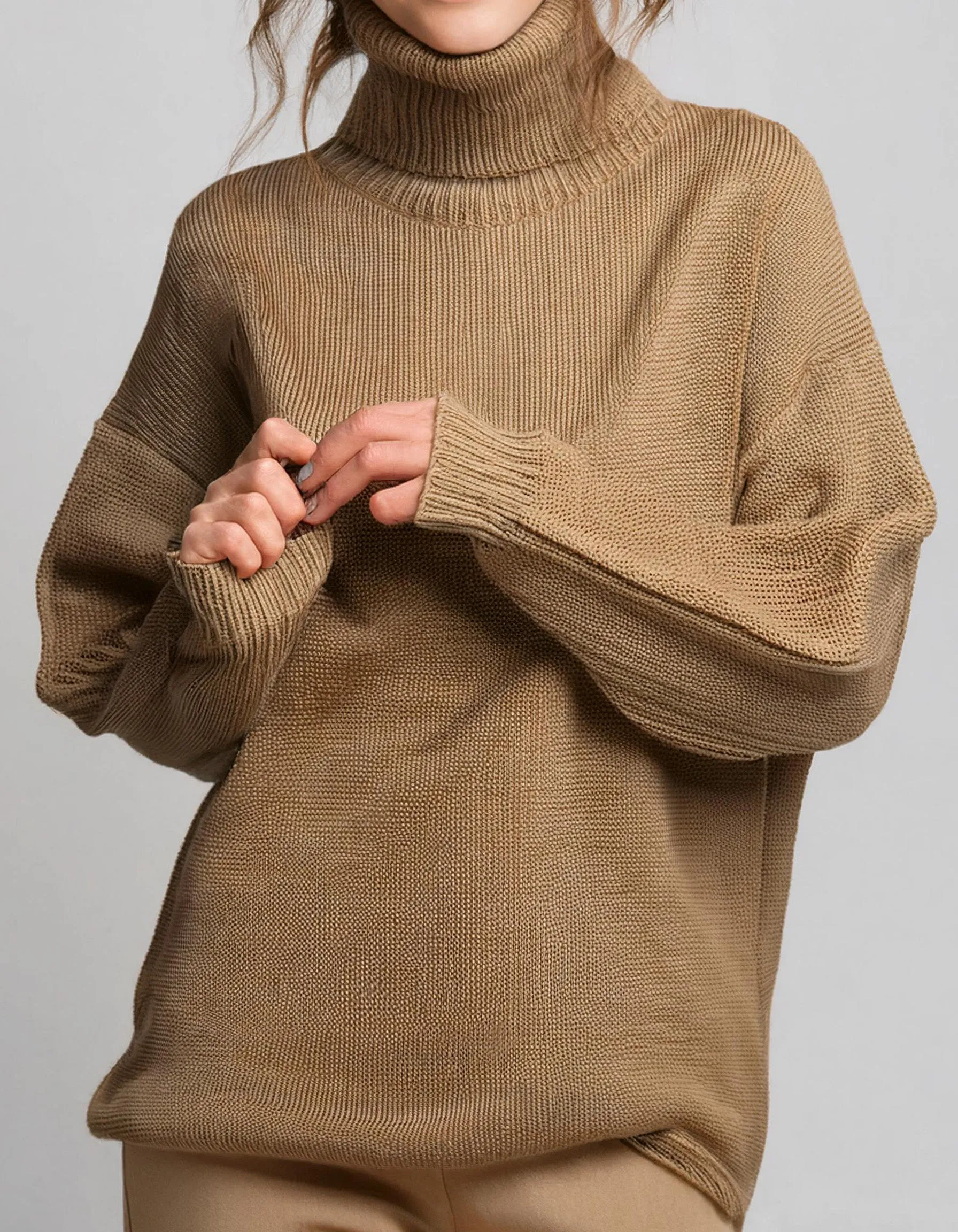 Khaki Green Loose Fit Turtleneck Sweater