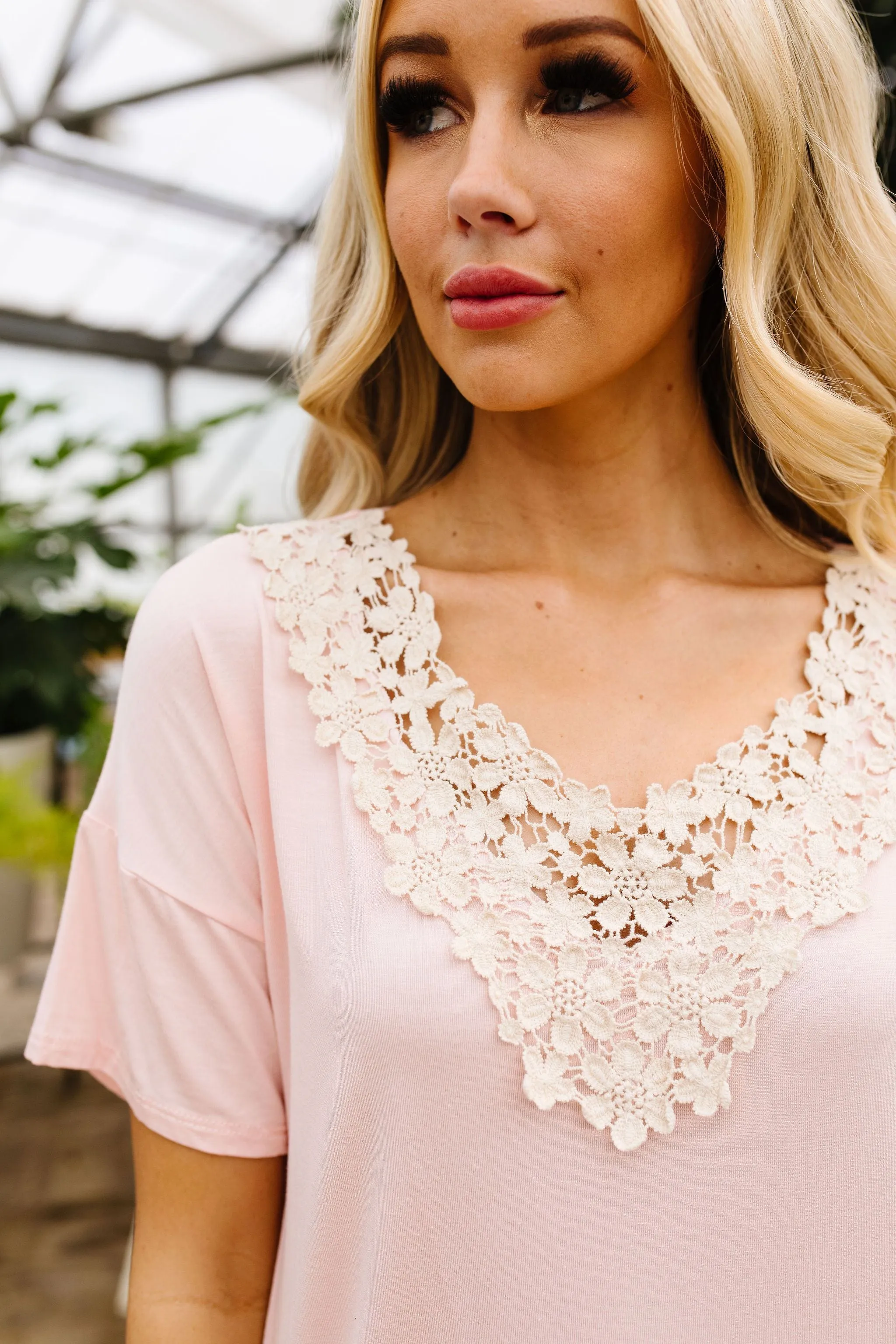 Lace Trimmed Blush V-Neck