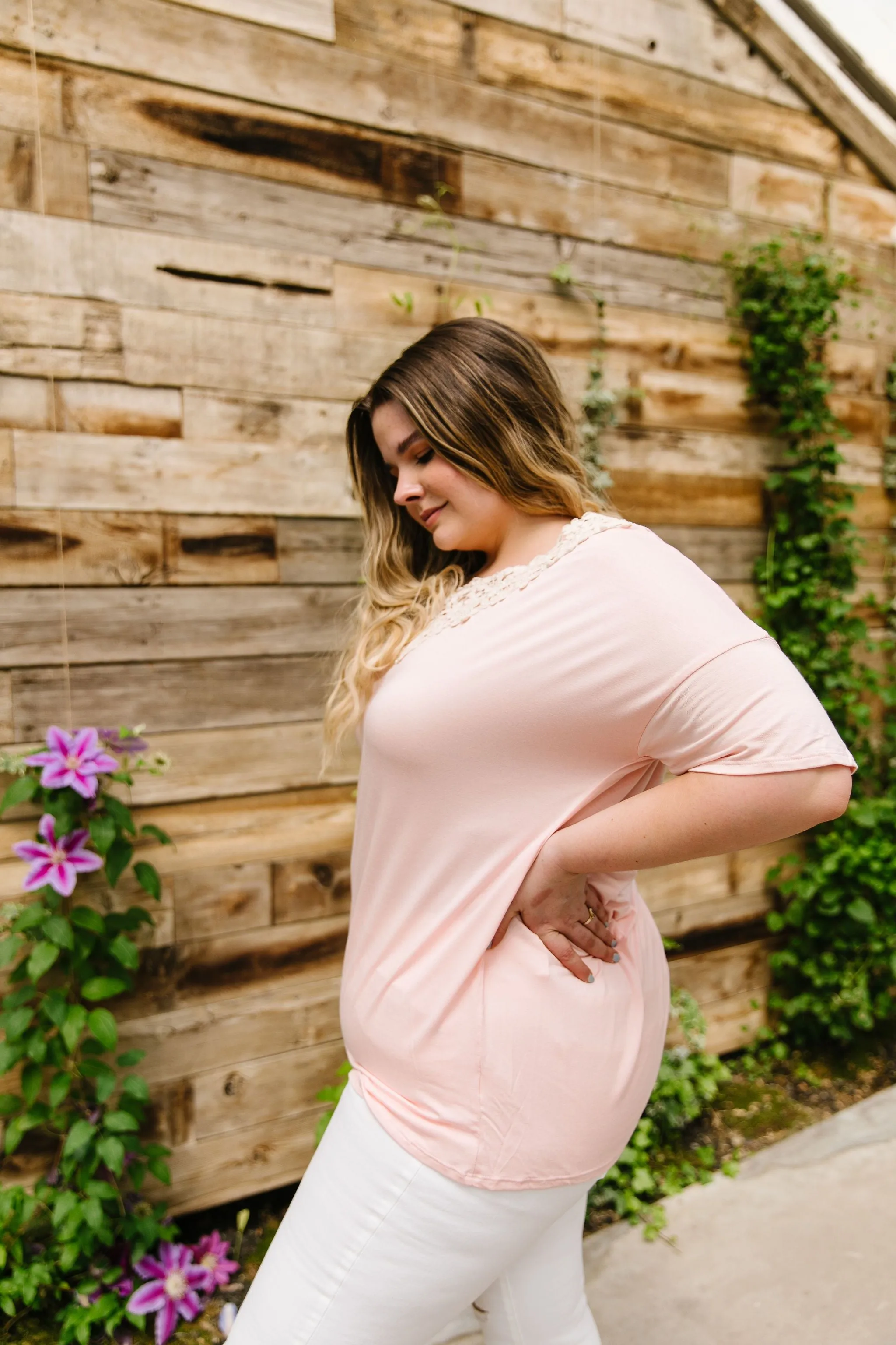 Lace Trimmed Blush V-Neck