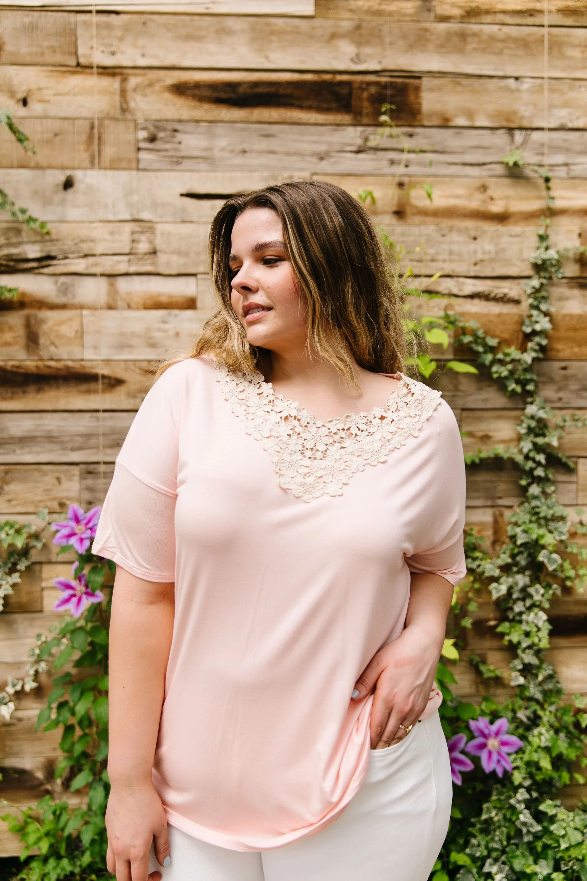 Lace Trimmed Blush V-Neck