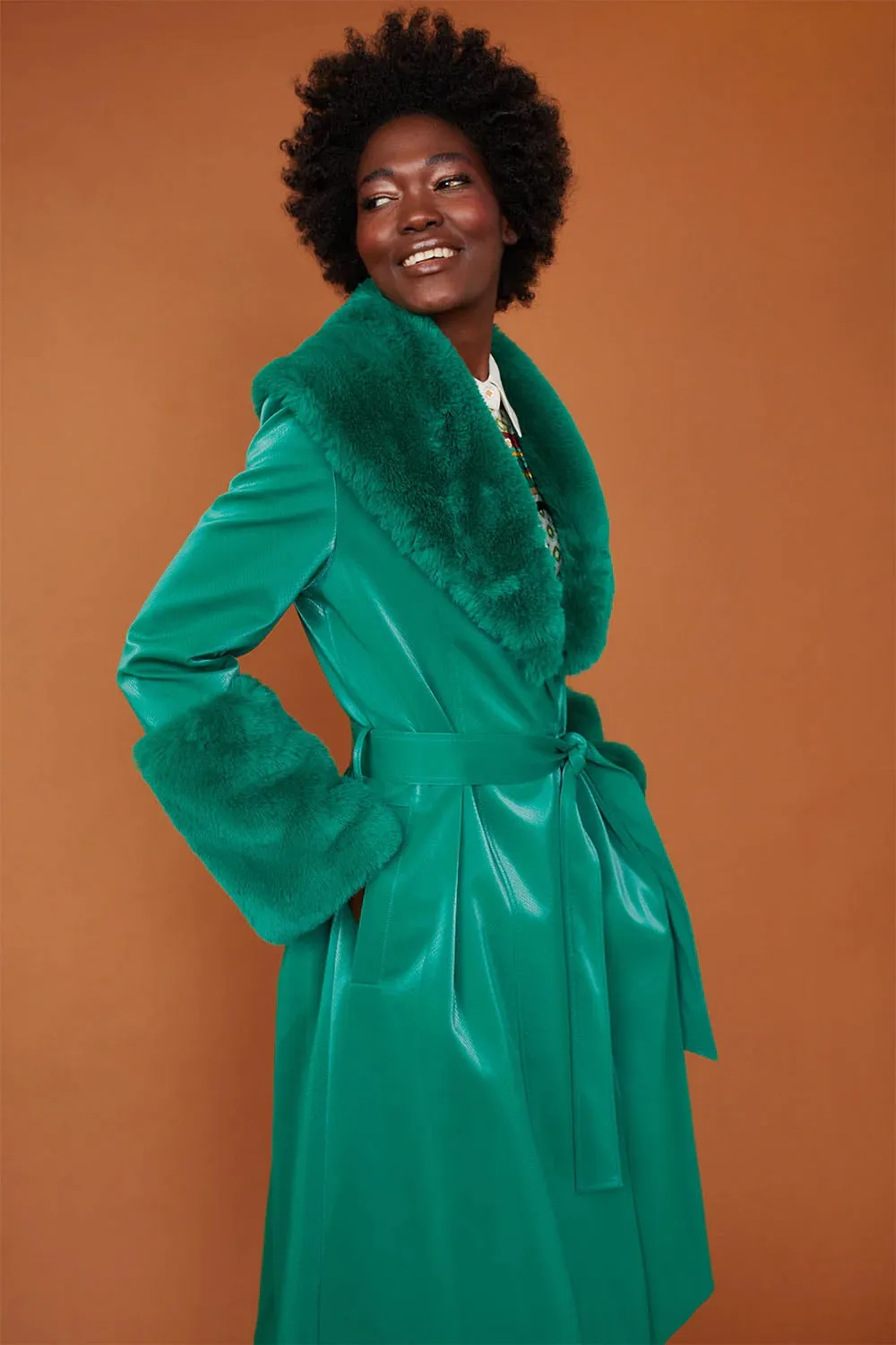 Ladies Green Faux Suede Trench Coat with Faux Fur Collar and Cuffs