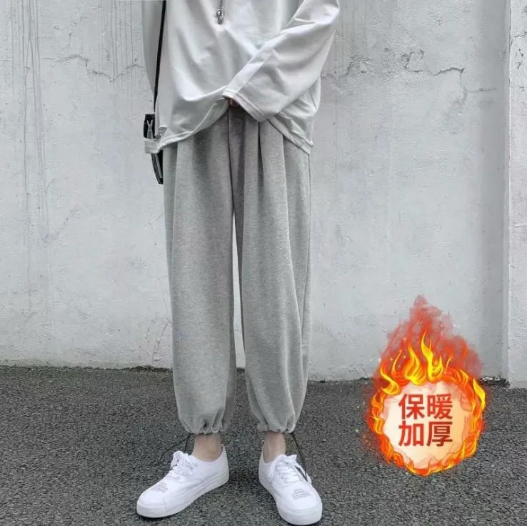 Men Korean Trendy Solid Colored Loose Ankle-Length Casual Hong Kong Jogger Drawstring Straight Pants