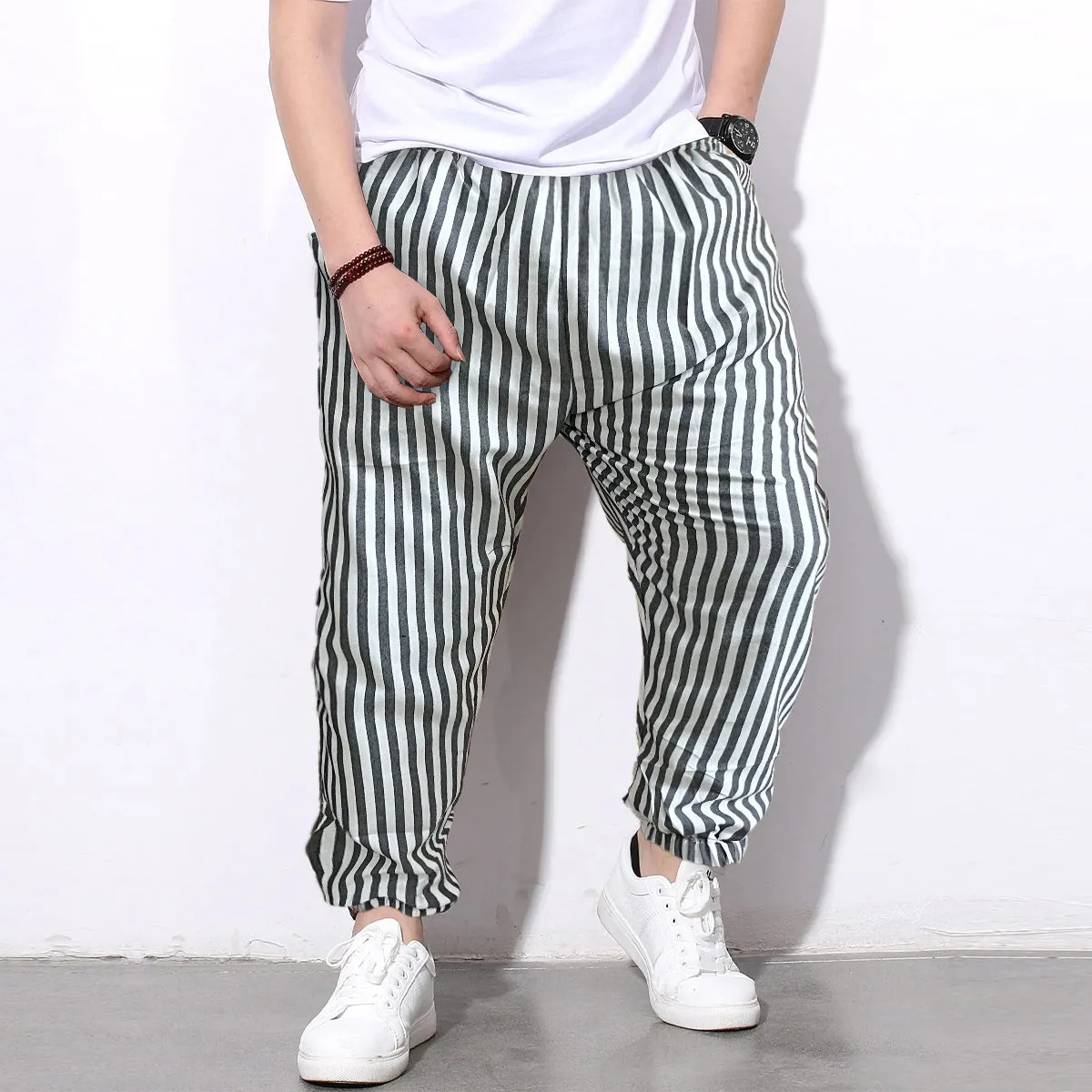 Men's Pants Loose Grey n White Stripped Jogger Breathable Casual Harem Pants