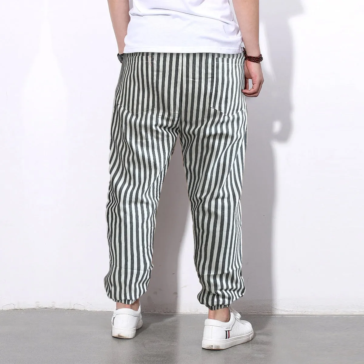 Men's Pants Loose Grey n White Stripped Jogger Breathable Casual Harem Pants