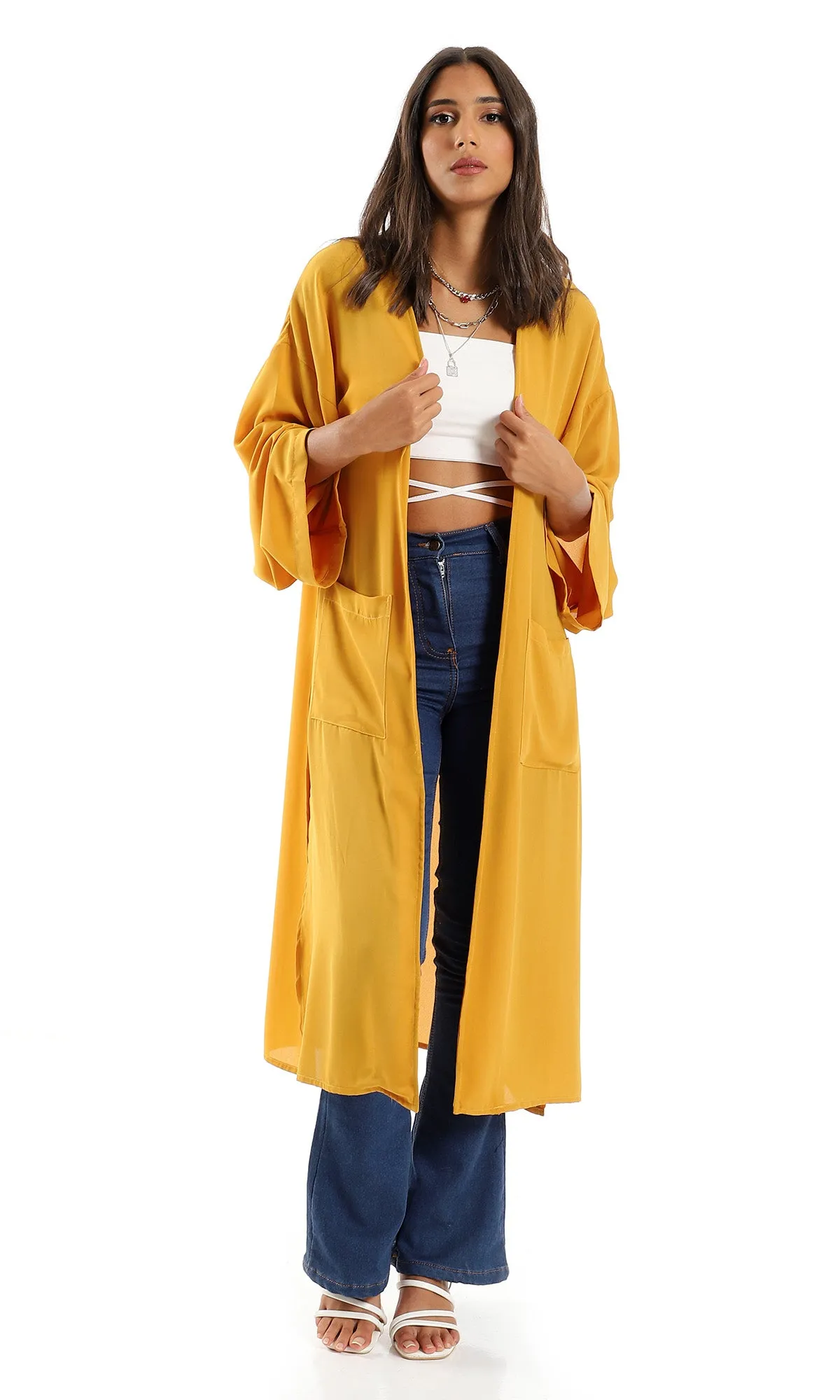 O150997 Trendy Solid Open Neckline Cardigan - Mustard