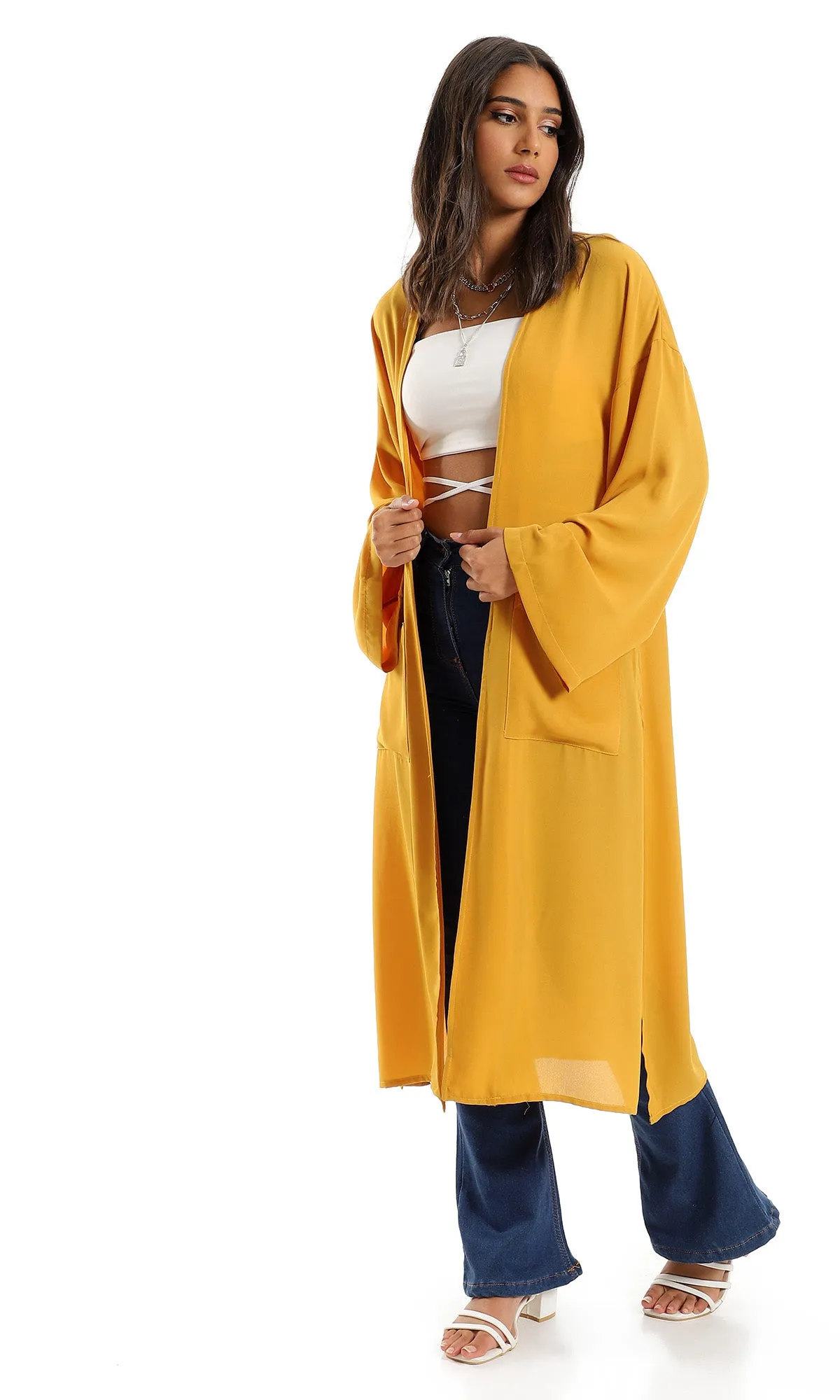 O150997 Trendy Solid Open Neckline Cardigan - Mustard