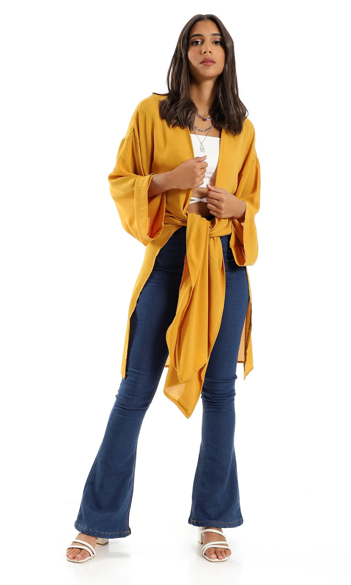 O150997 Trendy Solid Open Neckline Cardigan - Mustard