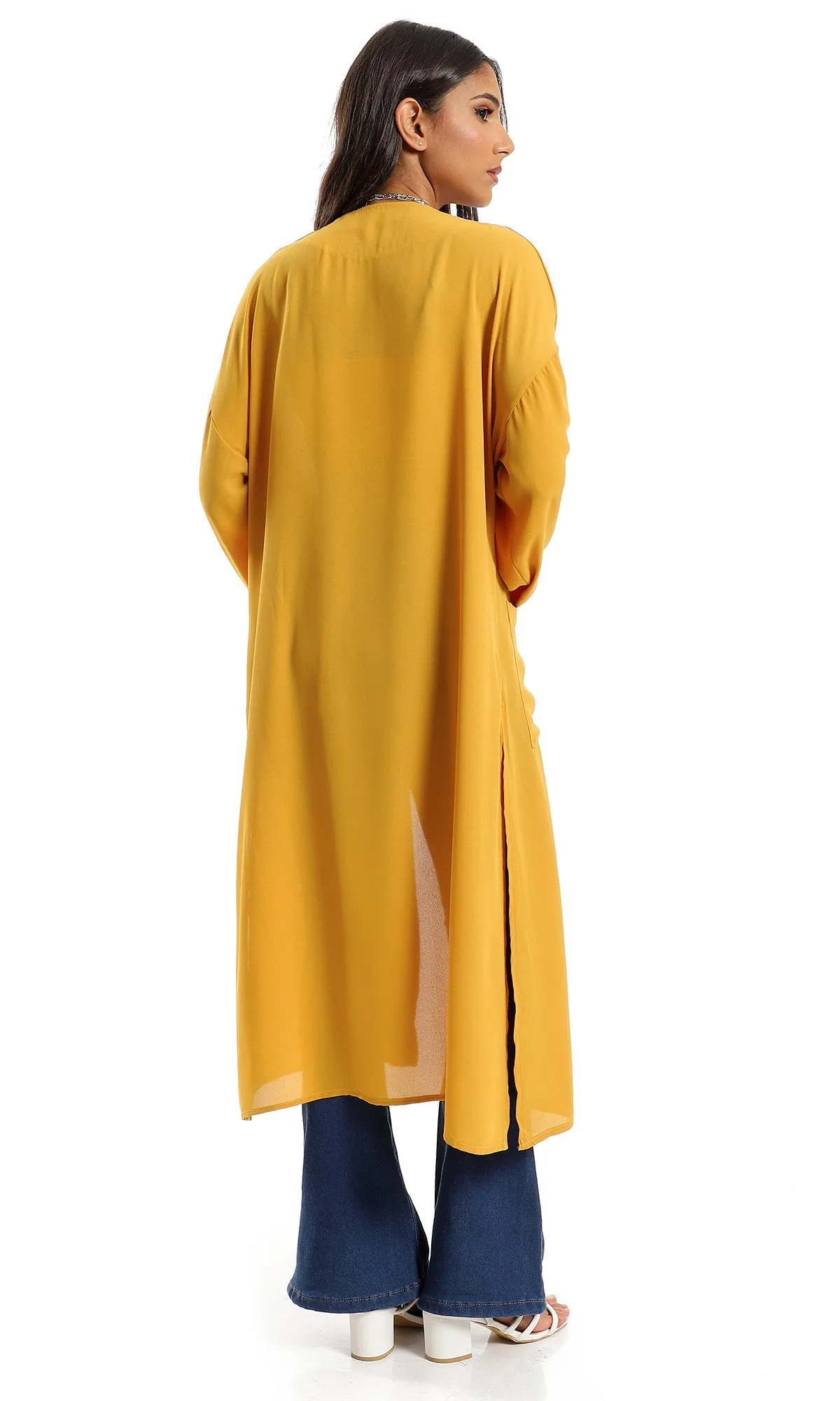 O150997 Trendy Solid Open Neckline Cardigan - Mustard