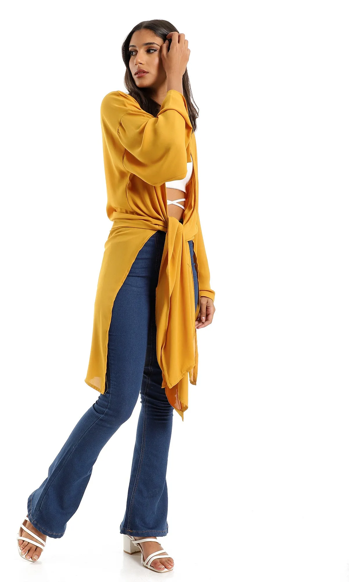 O150997 Trendy Solid Open Neckline Cardigan - Mustard