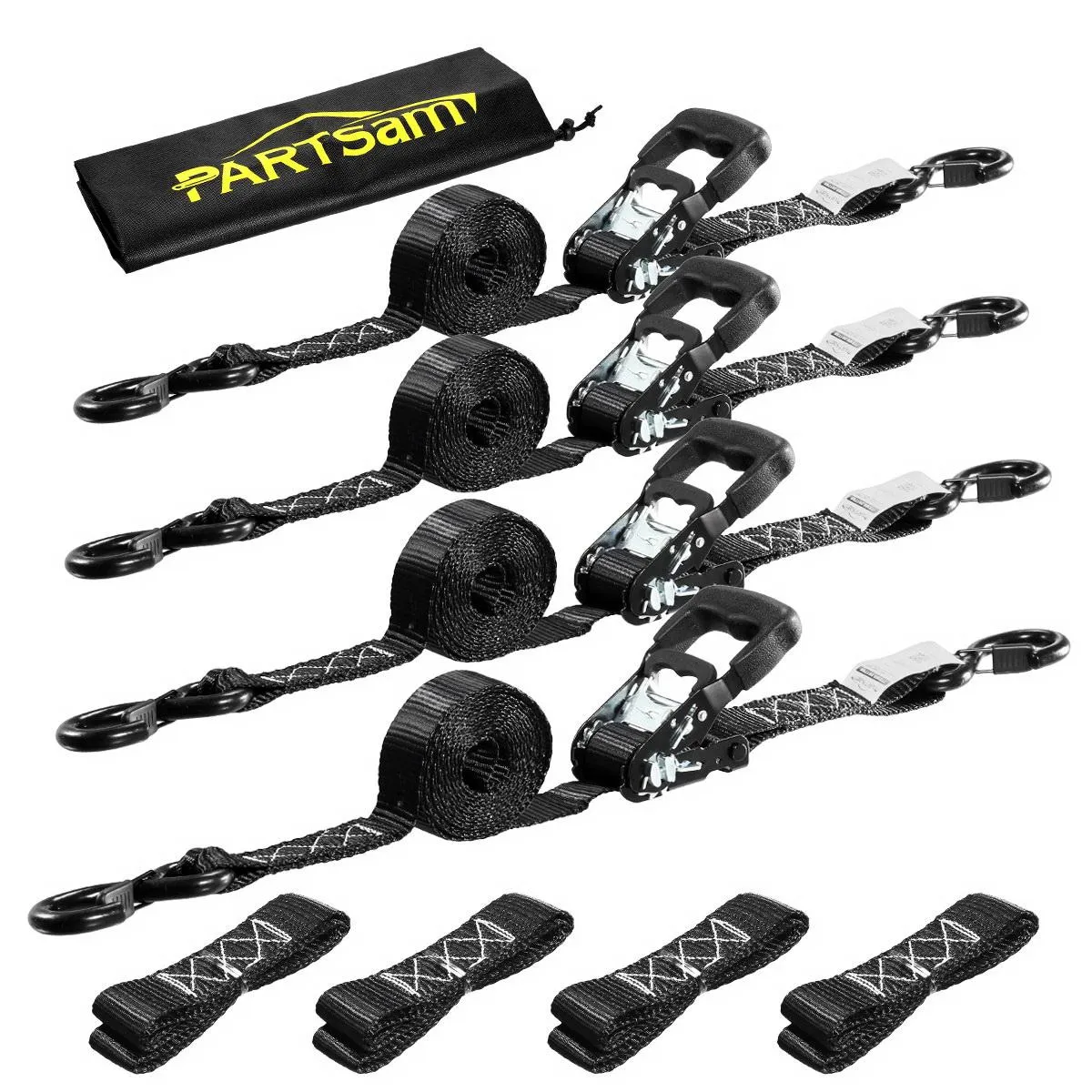 Partsam Ratchet Straps Heavy Duty Tie Down Set, 5208 Break Strength - (4) Heavy Duty 1.6inch x 8' Cargo Tiedowns w/Padded Handles & Coated Chromoly S Hooks   (4) Soft Loop Tie Downs Strap (Black)