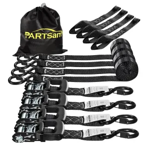 Partsam Ratchet Straps Heavy Duty Tie Down Set, 5208 Break Strength - (4) Heavy Duty 1.6inch x 8' Cargo Tiedowns w/Padded Handles & Coated Chromoly S Hooks   (4) Soft Loop Tie Downs Strap (Black)